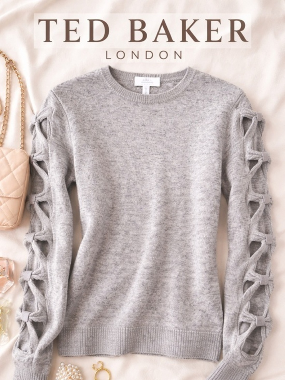 Ted Baker London Gray Bow Sleeve Sweater Size 2 US Small Knit Top